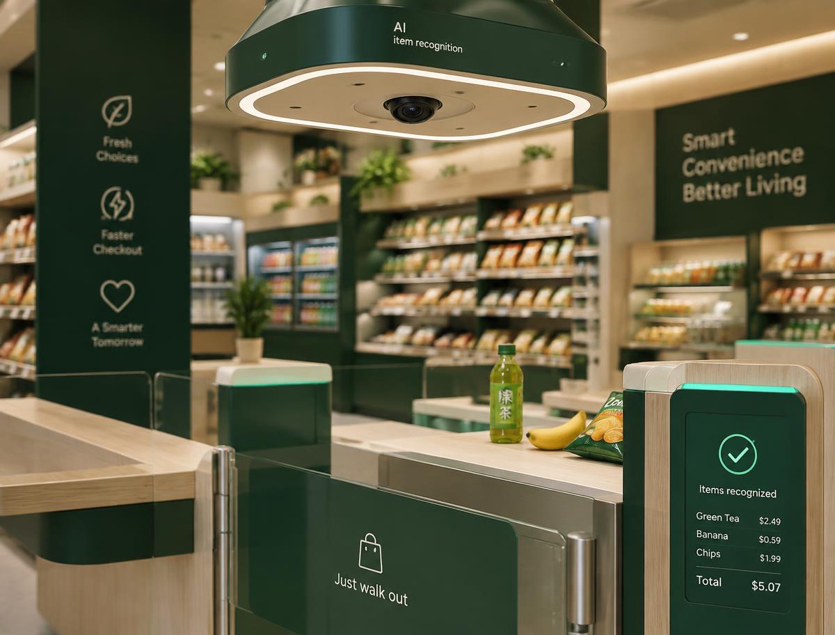 Câmera com inteligência artificial reconhecendo produtos no checkout